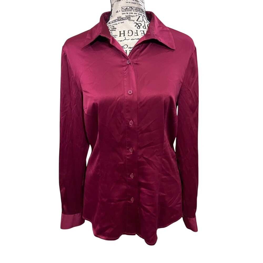 The Limited Womens Satin Button Down Shirt Berry Wine Long Sleeve RN54874 Size S